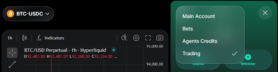 Switch between the main and trading wallets in Warden